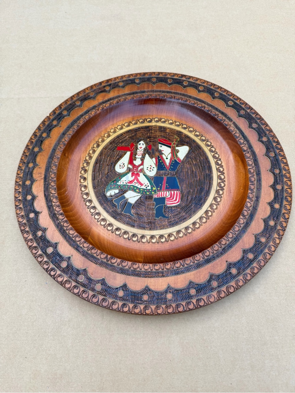 Vintage Polish Folk Art Wooden Plate 12.5” Hand Painted Carved Poland Wall Decor - Picture 2 of 5